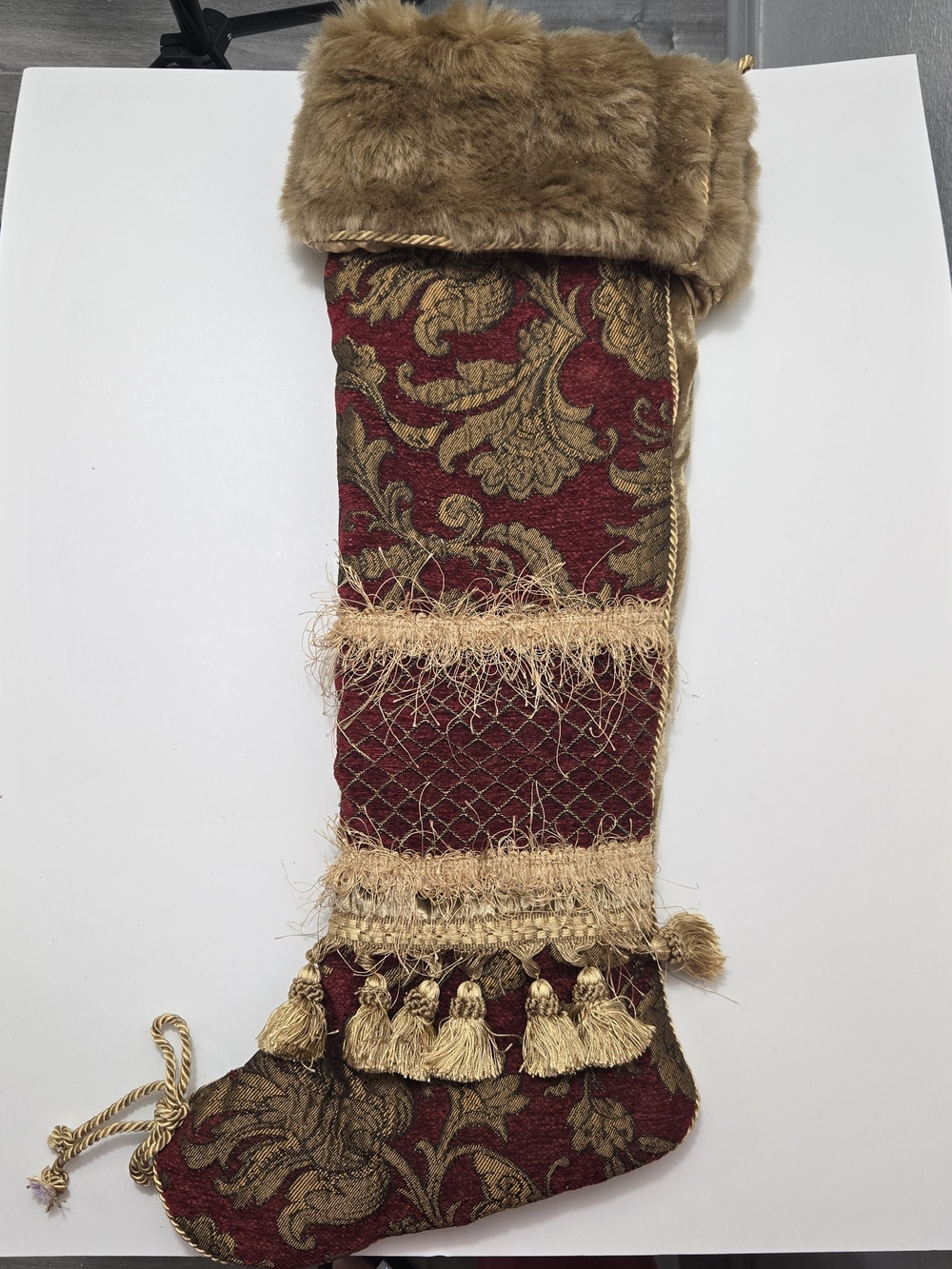 Serendipity Luxury Red and Gold Holiday Stocking with Faux Fur Cuff